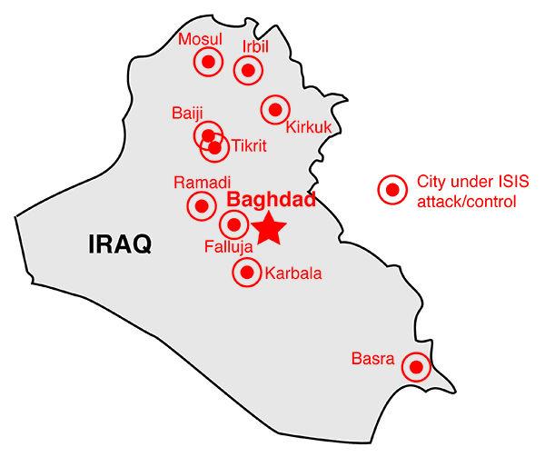 The areas marked in red are under attack or are already controlled by ISIS. Graphic by Josh Seal 