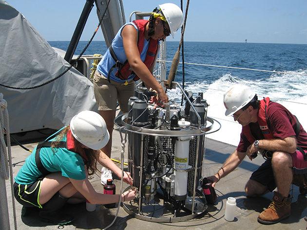 Graduate students Laura Harrad and Allyson Lucchese, along with Dr. Steve DiMarco,
professor and ocean observing team leader, draw a water sample from the CTD/Rosette.