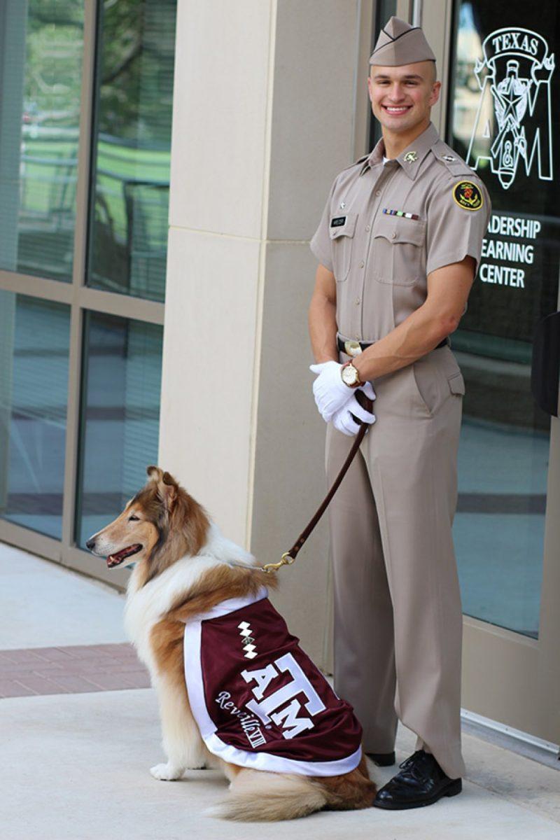 Sarah Lane  — THE BATTALIONDuring the A&M vs. SMU football game, Mascot Corporal Ryan Kreider jumped in front of Reveille VIII as SMU receiver Der’rikk Thompson barrelled out of bounds.