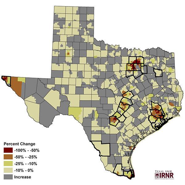 PROVIDED
Map shows a Texas Land Trends report that shows changes in ownership size of privately held farms. 
