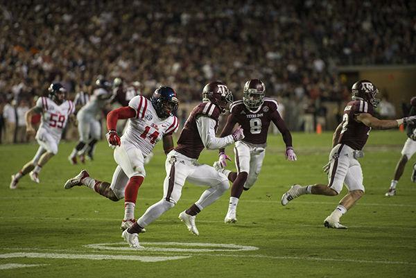 Speedy Noil and Nick Harvey return a kick at Kyle Field against Ole Miss. The game was the second consecutive loss for A&M.
Tanner Garza—THE BATTALION.  