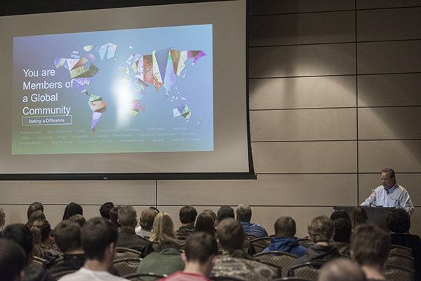 Tanner Garza — THE BATTALION
GIS keynote speaker Clint Brown, Class of 1978,  speaks to students and faculty Tuesday afternoon at the MSC. 