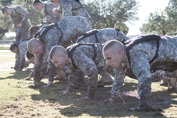 Photo by Allison Bradshaw
Cadets do physical training to earn their Corps Brass on Sunday. 