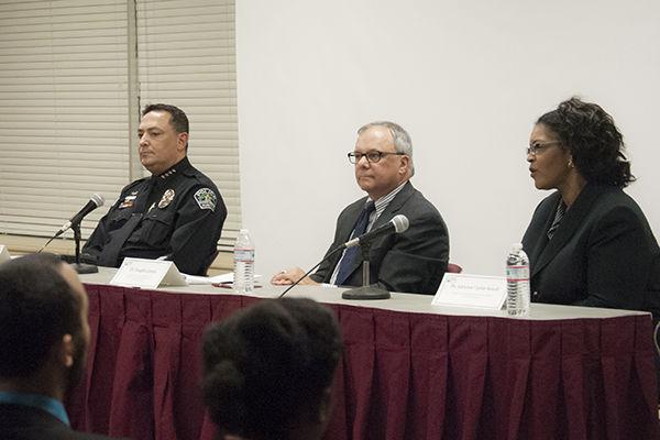 Allison Bradshaw — THE BATTALION
Chief of Police Art Acevedo, Joseph Cerami, and Adrienne Carter-Sowell were the speakers at the public forum “Ready For Combat: Police Militarization and its Effects” Wednesday evening.