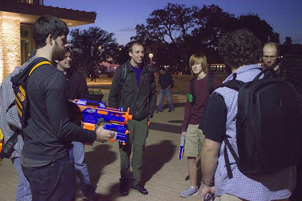 Vanessa Peña — THE BATTALION
The “human group” in A&M’s Humans vs. Zombies meets at Rudder Plaza on Monday to discuss its strategy for the evening’s match.