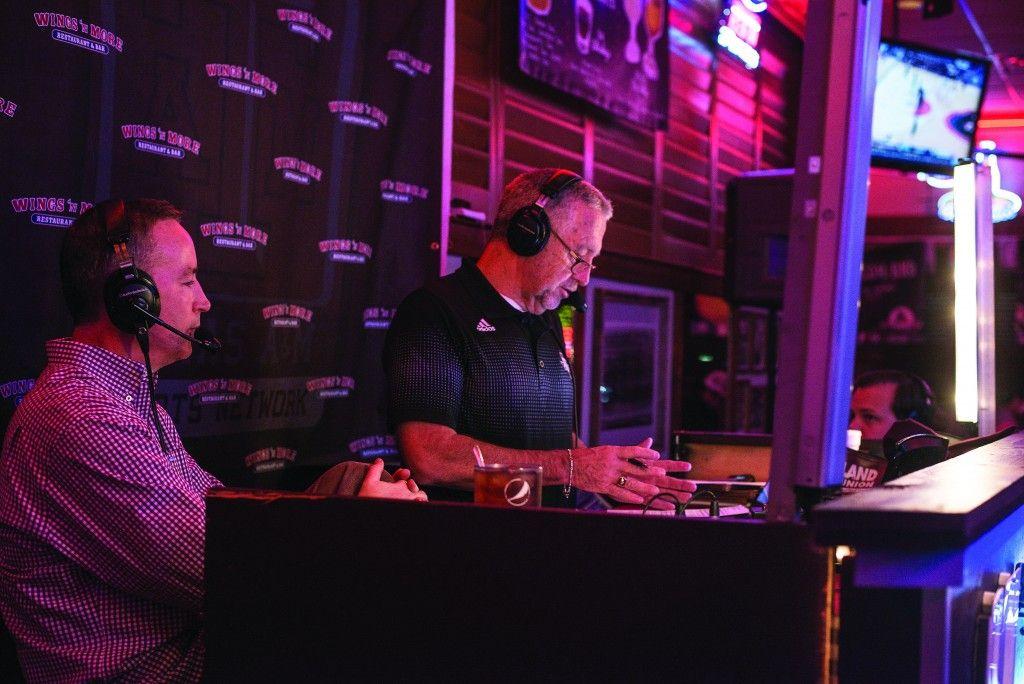Photo By: Tanner Garza
Radio host Dave South and men’s basketball coach Billy Kennedy discuss this season’s Aggie basketball team live on the air Monday evening at Wings ‘N More.