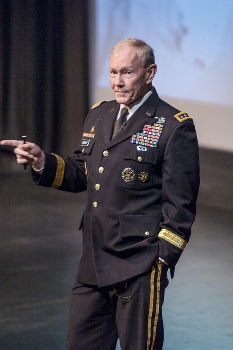 <p>Photo by Cody Franklin </p><p>Gen. Martin Dempsey, Chairman of the Joint Chiefs of Staff, speaks at the 60th MSC Student Conference on National Affairs Thursday in Rudder.</p><p> </p>