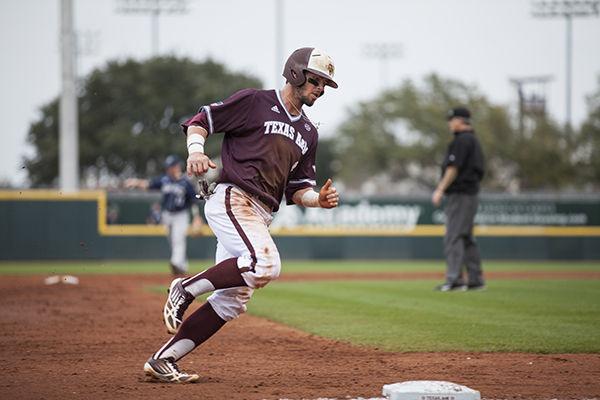 Vanessa Peña — THE BATTALION
Sophomore rightfielder Nick Banks rounds third base in the win against Penn State at Olsen Field Saturday.