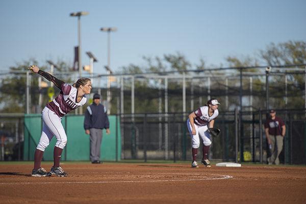 Photo by Tanner Garza
Pitcher Rachel Fox winds up in a loss to Oregon Saturday. 
 
