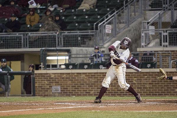 Photo By: Cody Franklin
Second baseman Ryne Birk hits during A&M’s home win against Dartmouth Sunday.