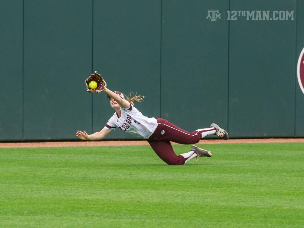 Freshman infielder Erica Russell makes a diving catch Sunday during the doubleheader sweep of South Carolina.