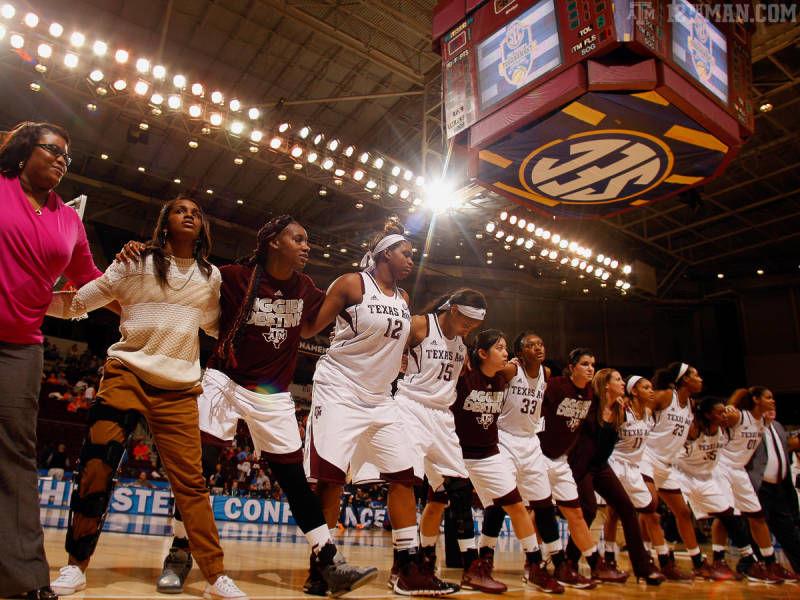 Courtesy: Todd Van Emst, Auburn University
A&M women singing the Aggie War Hymn together after a win over Auburn