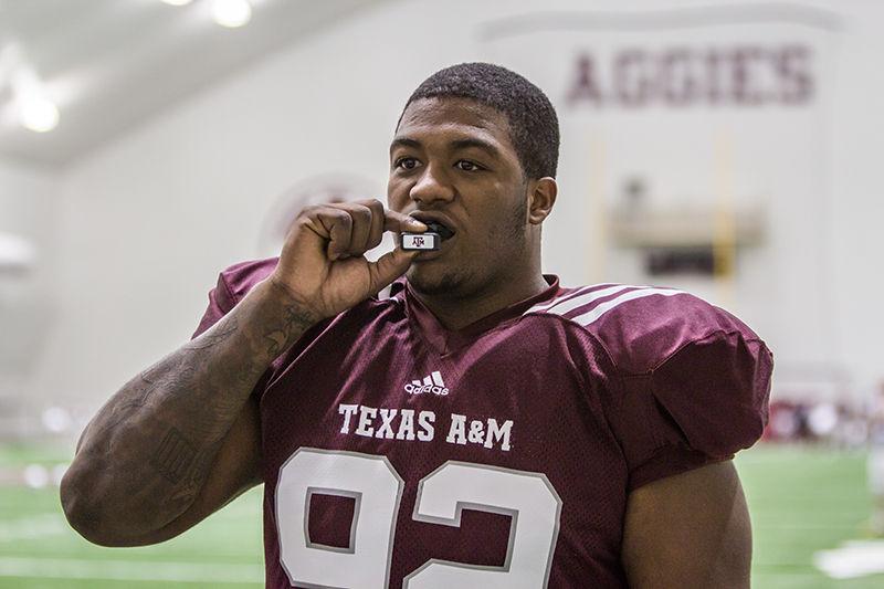 Defensive lineman Alonzo Williams is one of the A&M football players testing the Vector Mouthguard during spring practices.