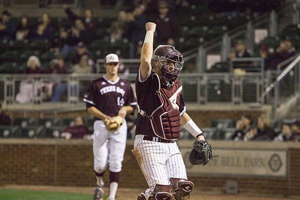 Sarah Lane — THE BATTALION
Catcher Mitchell Nau, who leads the team in batting average, celebrates during the A&M win Tuesday