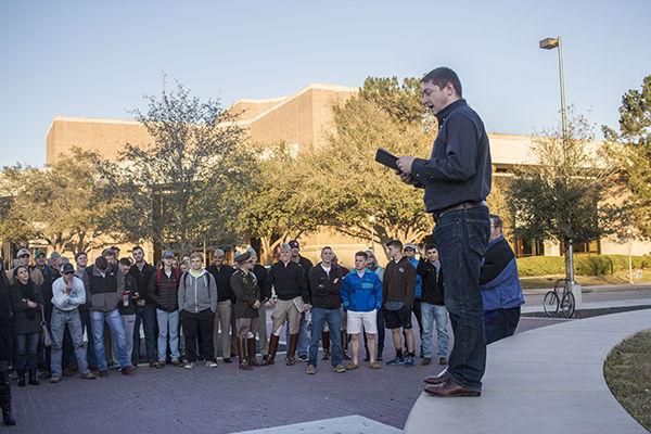 Tim Lai — THE BATTALION
Ryan Trantham reads announces the winners for the 2015-2016 yell leaders. 