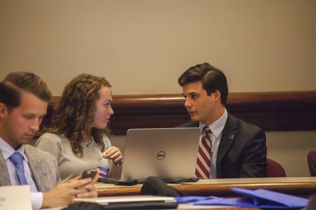 Hannah+Wimberly+and+Joseph+Benigno+attended+the+Student+Senate+meeting+Wednesday+night+where+Wimberlys+executive+vice+president+nomination+was+discussed.