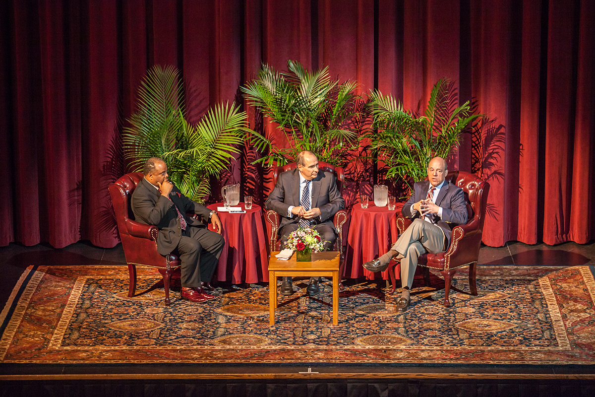 <p>Roland Martin moderates a discussion and question section with Ari Fleischer and David Axelrod about the major events that occurred during their careers, such as Sept. 11. </p>