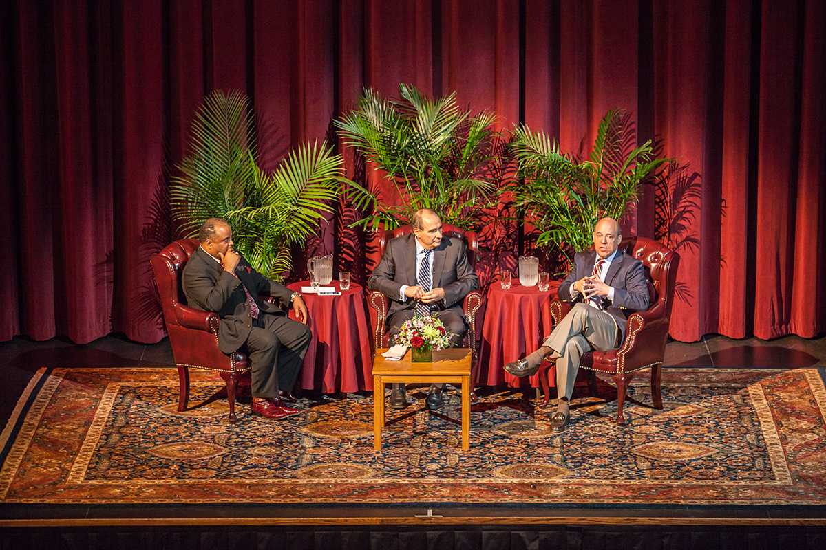 Roland Martin moderates a discussion and question section with Ari Fleischer and David Axelrod about the major events that occurred during their careers, such as Sept. 11. 