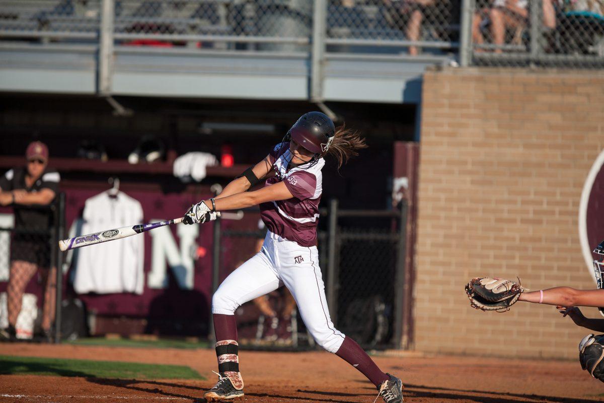 April Ryan takes a swing during the softball game against Texas State on Wednesday, April 29th. 