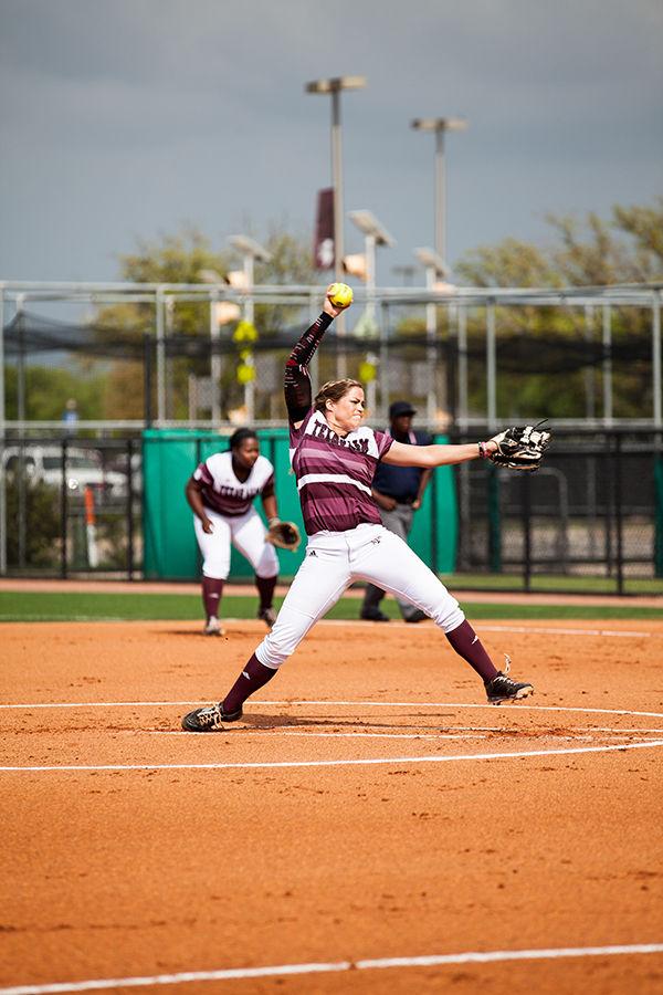 Senior Rachel Fox started on the mound in the Aggies first 3-2 win over the Lumberjacks.