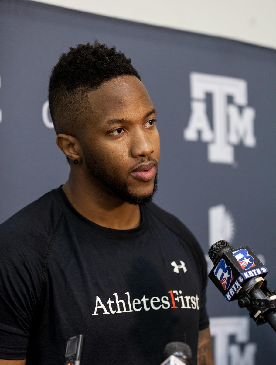 Cedric Ogbuehi speaks to the press at Pro Day on March 3, 2015.
