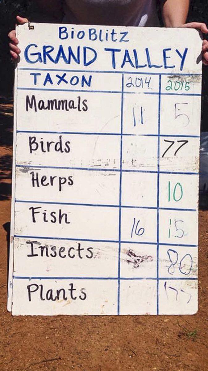 The total count of species from the 2015 BioBlitz survey. There was a total of 364 species.&#160;