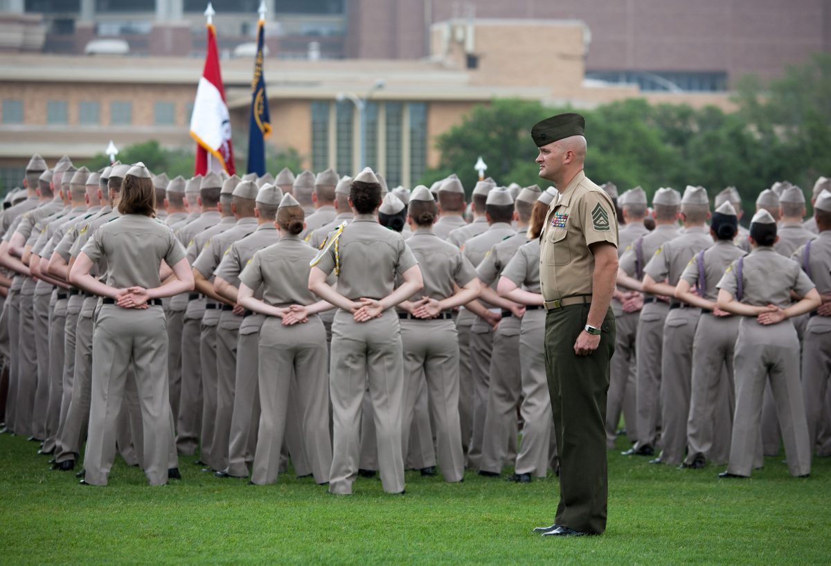 <p>The Corp of Cadets formed orderly lines, before commencing their first Pass in Review, during the annual Final Review ceremony, Saturday, May 9th </p>