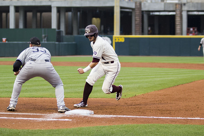 Nick Banks returning to first base from a lead off against South Carolina on May 9th's game