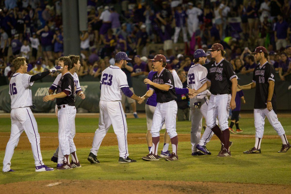 A&M and TCU meetup for post game handshakes during the last super regional game Monday night, June 8th. 