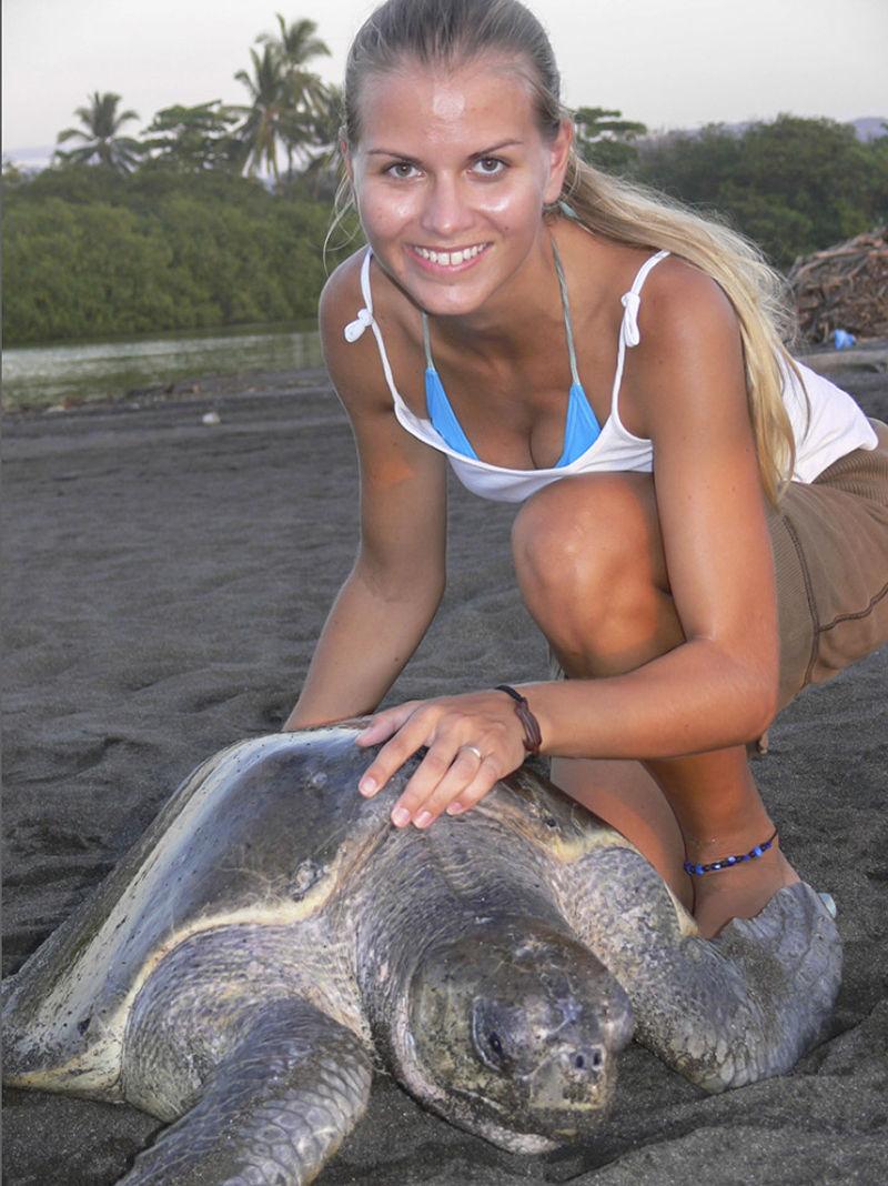 Christine+Figgener+shows+off+a+Olive+Ridley+Sea+Turtle+on+the+beaches+of+Costa+Rica