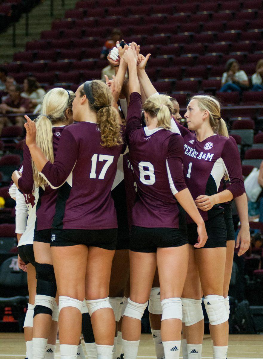 The+Maroon+team+celebrates+after+their+scrimmage+victory+at+Reed+Arena+on+Tuesday%2C+August+24th.%26%23160%3B