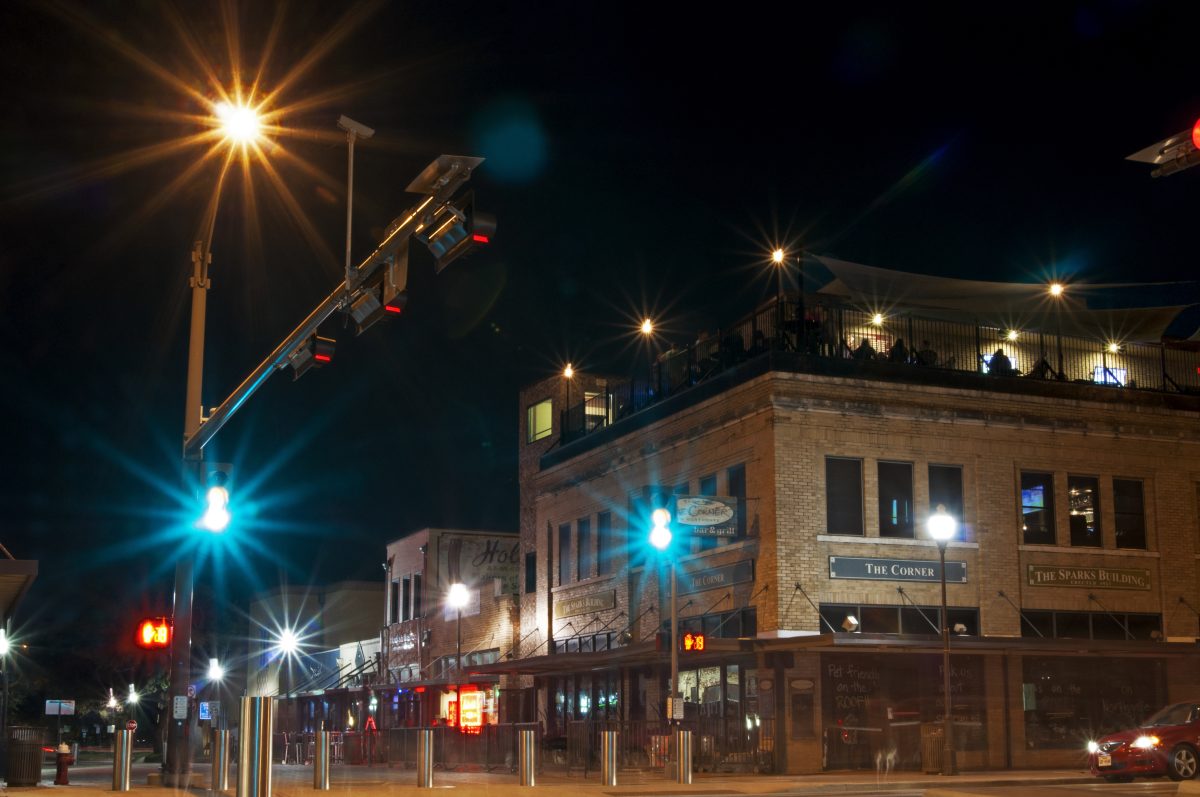 <p>An overview of part of the Northgate district shows the Hookah Station, Antonio's Pizza, and the upper and lower level of The Corner.</p>