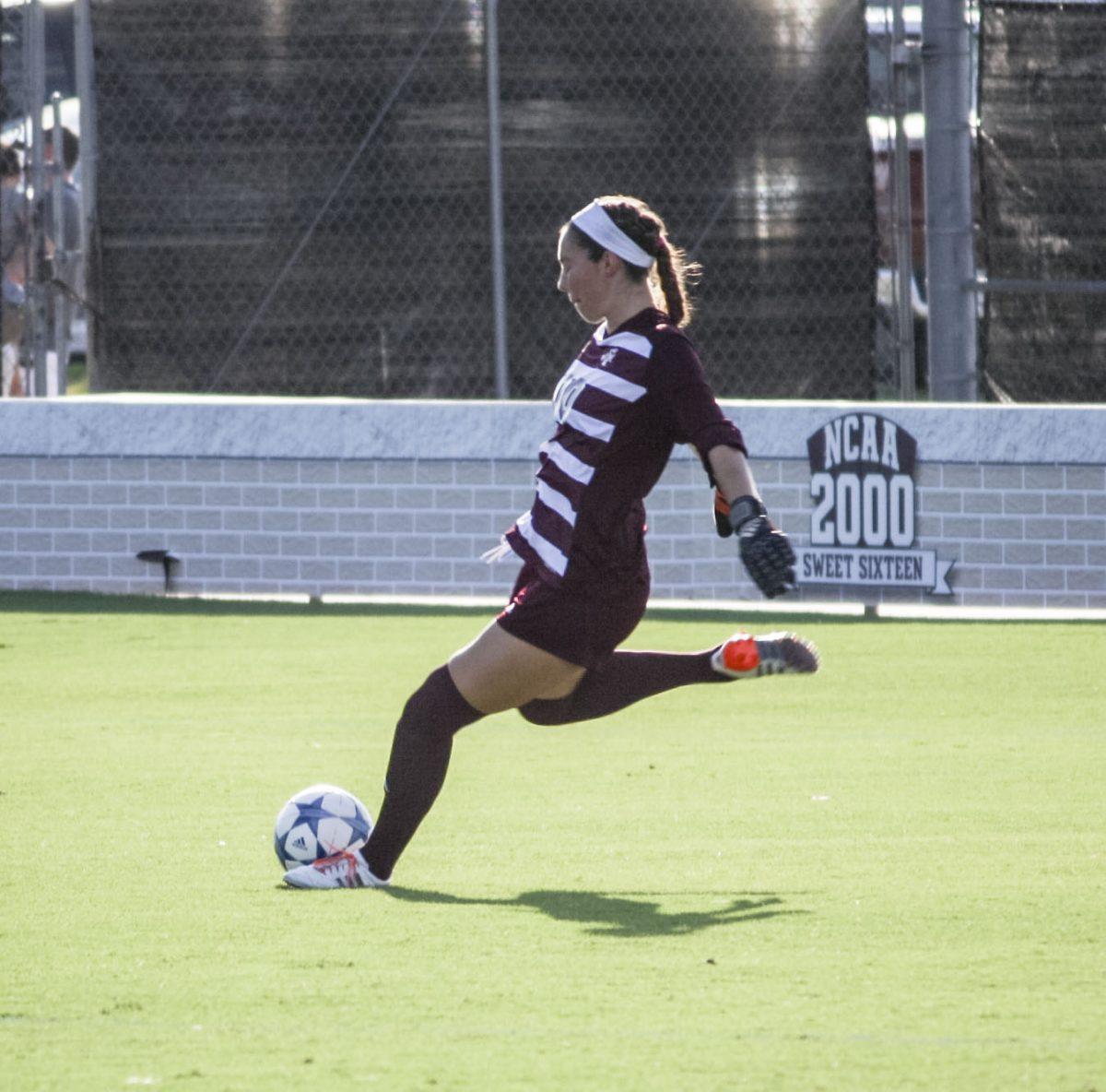 <p>Goalie Taylor Saucier kicks the ball during the game against Abilene Christian on Sunday, September 6th.</p>