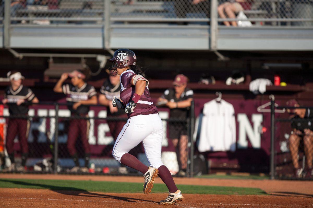 Tori Vidales dashes for first base during the softball game against Texas State on Wednesday, April 29th.&#160;