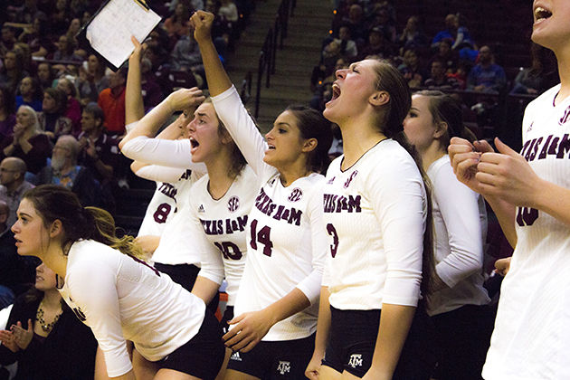 The+volleyball+team+cheers+on+their+teammates+during+the+close+game+on+Sunday.