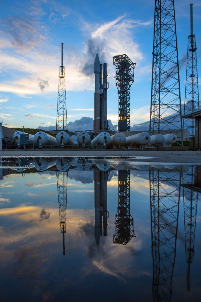 The Atlas V rocket that will carry supplies, including the AggieSat4, rests on its Launchpad. The launch was delayed due to inclement weather.