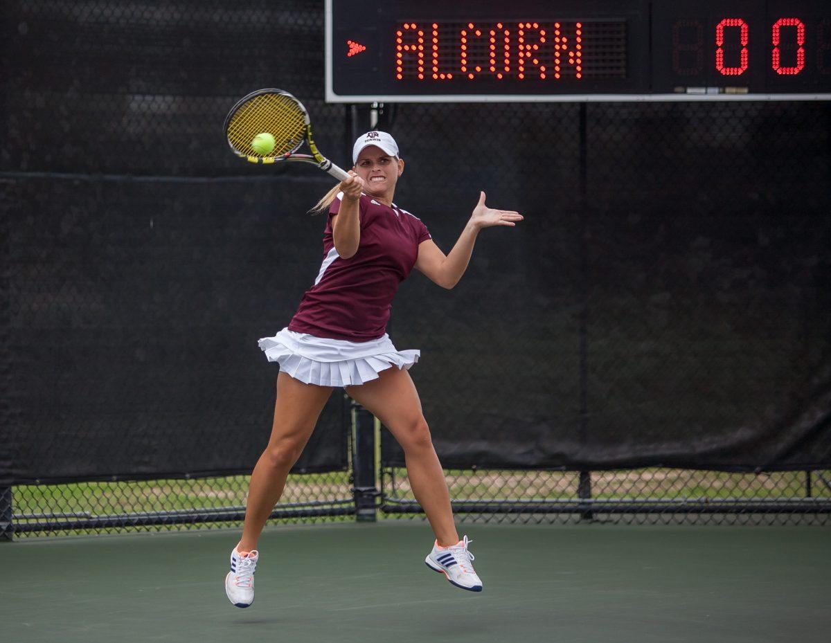 Ines Deheza hits a forehand during her doubles match against Alcorn State, on Saturday, May 9th. 