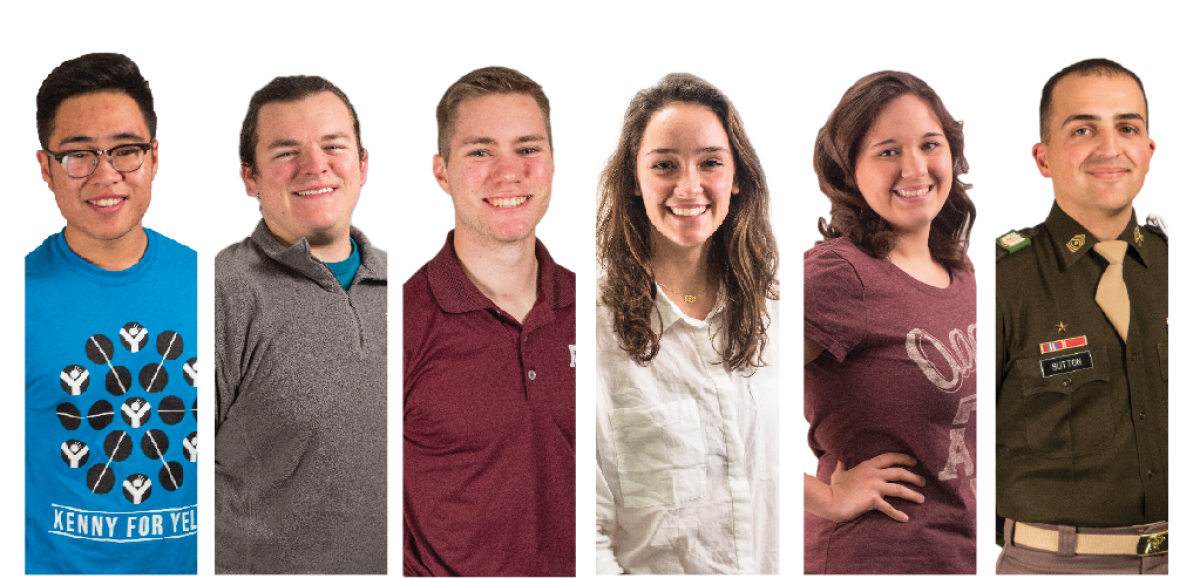 (Left to right) Kenny Dao, Evan Bakkal, Joshua Duke, Viona Vraniqi, Kaitlyn McCain and Josh Sutton will participate in The Mugdown&#8217;s yell leader debate Wednesday evening.