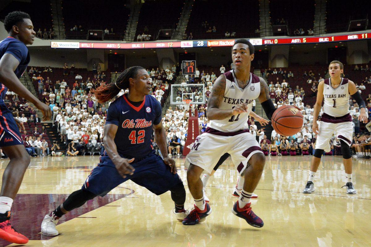 Anthony+Collins+and+Ole+Miss+point+guard+Stefan+Moody+battled+it+out+in+A%26amp%3BMs+71-56+victory+Tuesday+night.+Collins+scored+ten+points+and+led+the+Aggies+in+assists+with+eight.+Moody+led+the+Rebels+with+17+points.