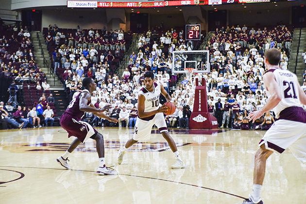 <p>F Tonny Trocha-Morelos looks for his next move against Mississippi State.</p>