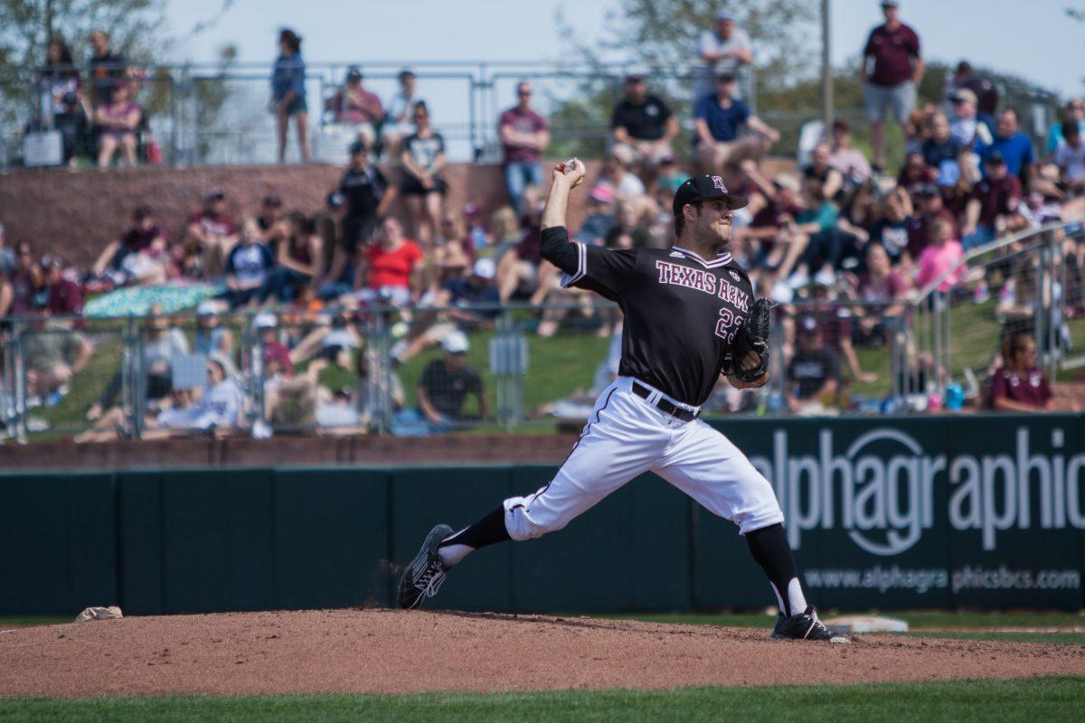 <p>Freshman pitcher Turner Larkins earned the win for the Aggies on Sunday, pitching three scoreless innings in relief.</p>