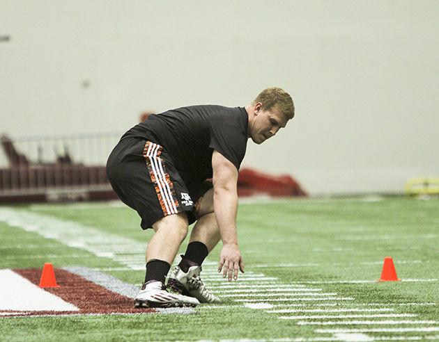 Fourteen Aggies made their case for playing in the NFL Tuesday. Joe Cheek pictured making his.