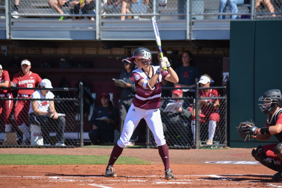 OF Cali Lanphear focuses hard on the pitcher.