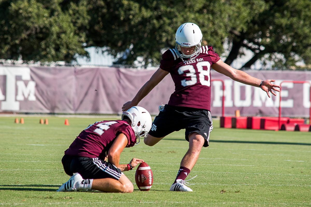 Drew Riethman (PK #38) practicing for his first season at Texas A&amp;M.