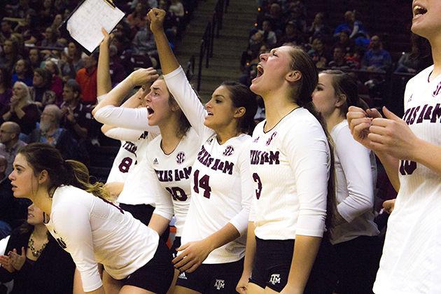 The volleyball team cheers on their teammates during the close game on Sunday.