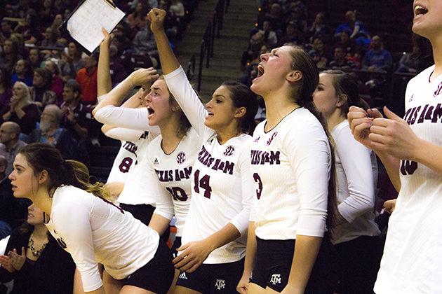 <p>The volleyball team cheers on their teammates during the close game on Sunday.</p>