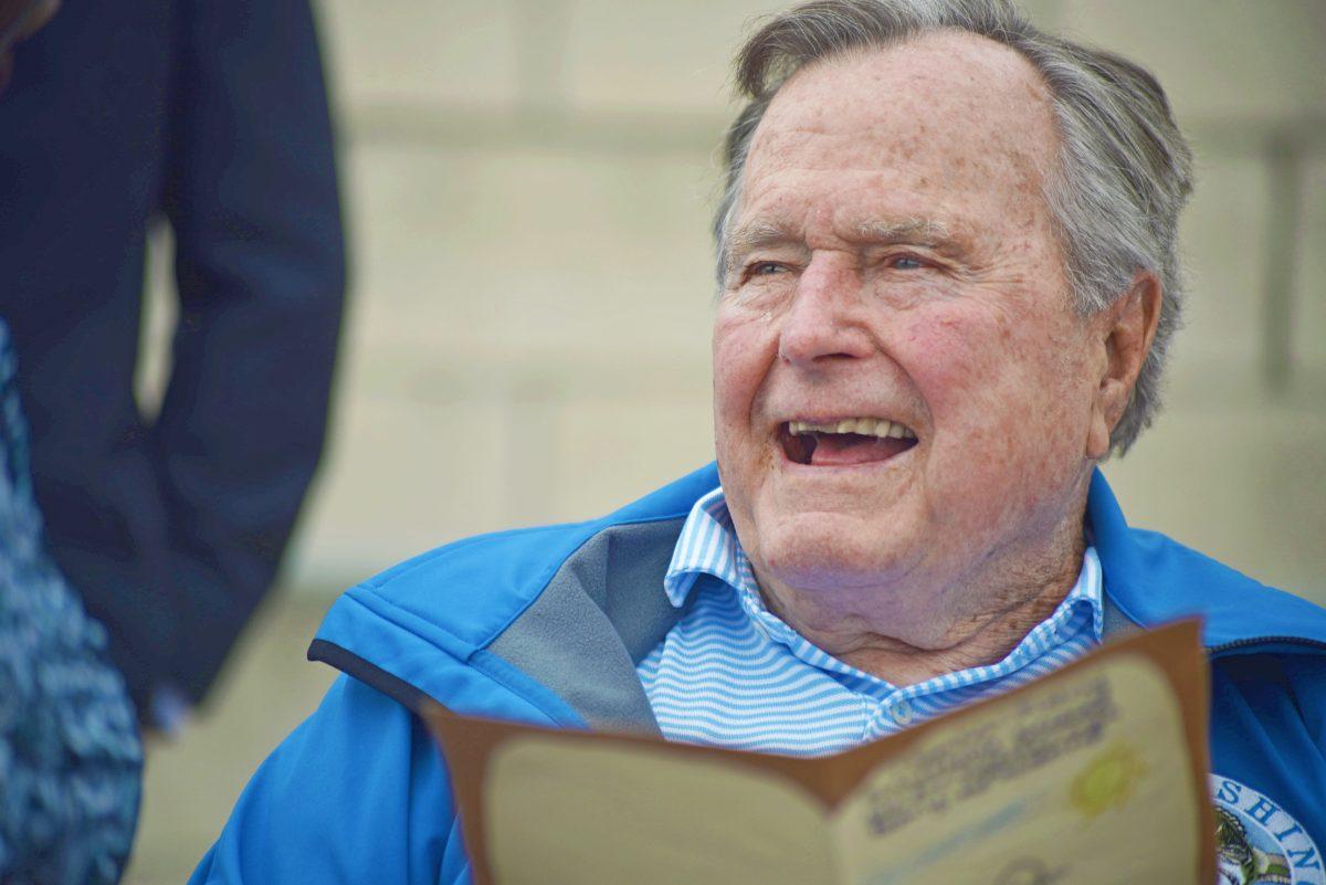 George H. W. Bush smiles at an event at the Bush School in April 2016. 