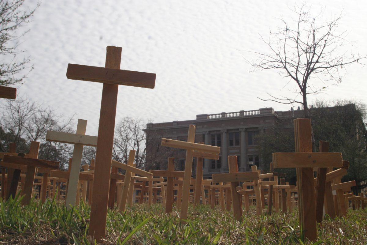 Pro-Life Aggies displayed 1,500 crosses in Academic Plaza. According to signs held by the students, one cross represented two babies out of a total of three thousand aborted every day.