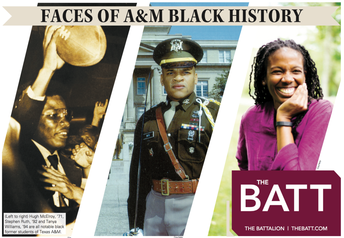 (Left to right) Hugh McElroy, ‘71, Stephen Ruth, ‘92 and Tanya Williams, ‘94 are all notable black former students of Texas A&M.
