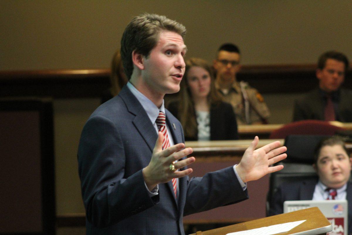 University studies major Robert McIntosh answers tough questions from senators.